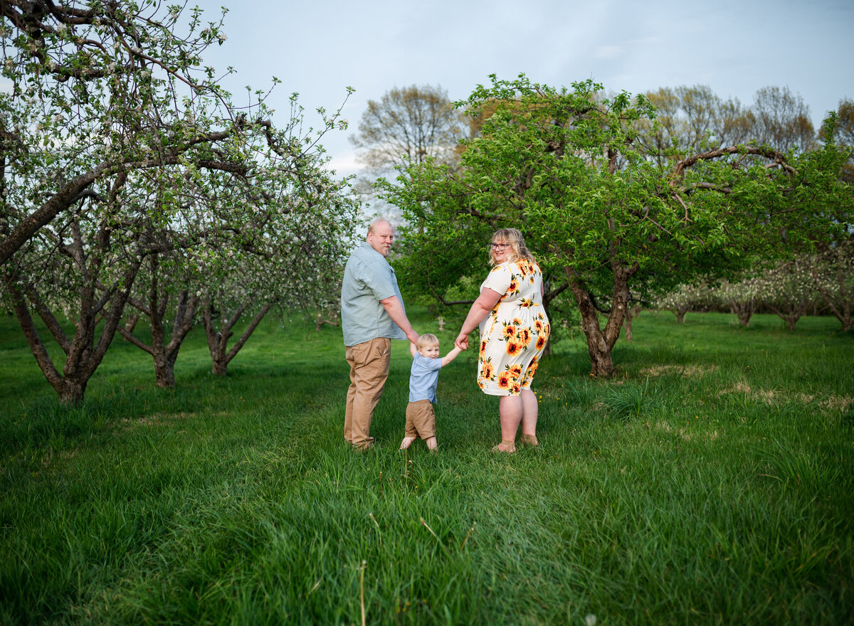 Charming family moment in an orchard, with parents holding hands with their young child