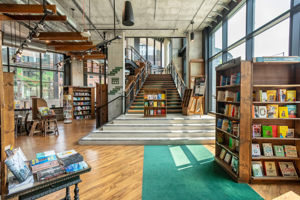 The bottom of the stairs at the McGregor Square Tattered Cover in Downtown, Denver, 2023.