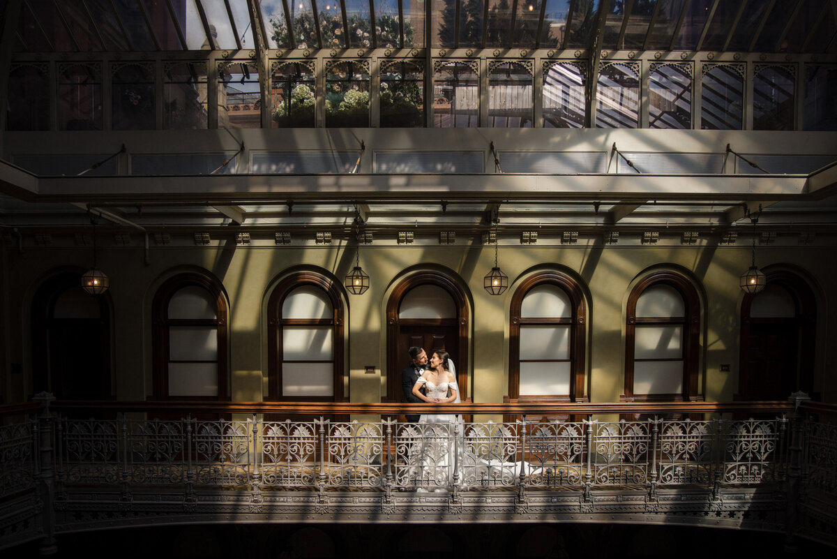 Sunlight portraits in the atrium  at a Beekman Hotel wedding