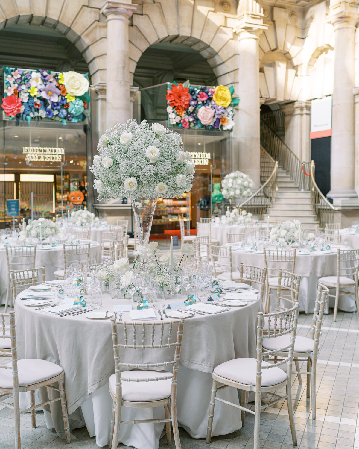 Wedding reception in central London with white wedding colour scheme
