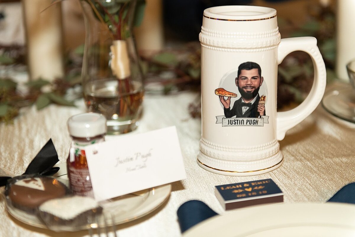 Place setting for Arizona Cardinals Offensive Guard Justin Pugh at a friend's wedding held at Soldiers and Sailors Memorial Hall in Pittsburgh, PA