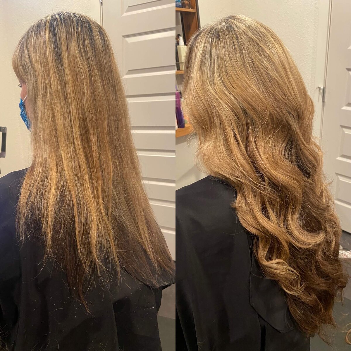 Before and after hair extensions transformation shows natural-looking hair extensions with increased length and volume.