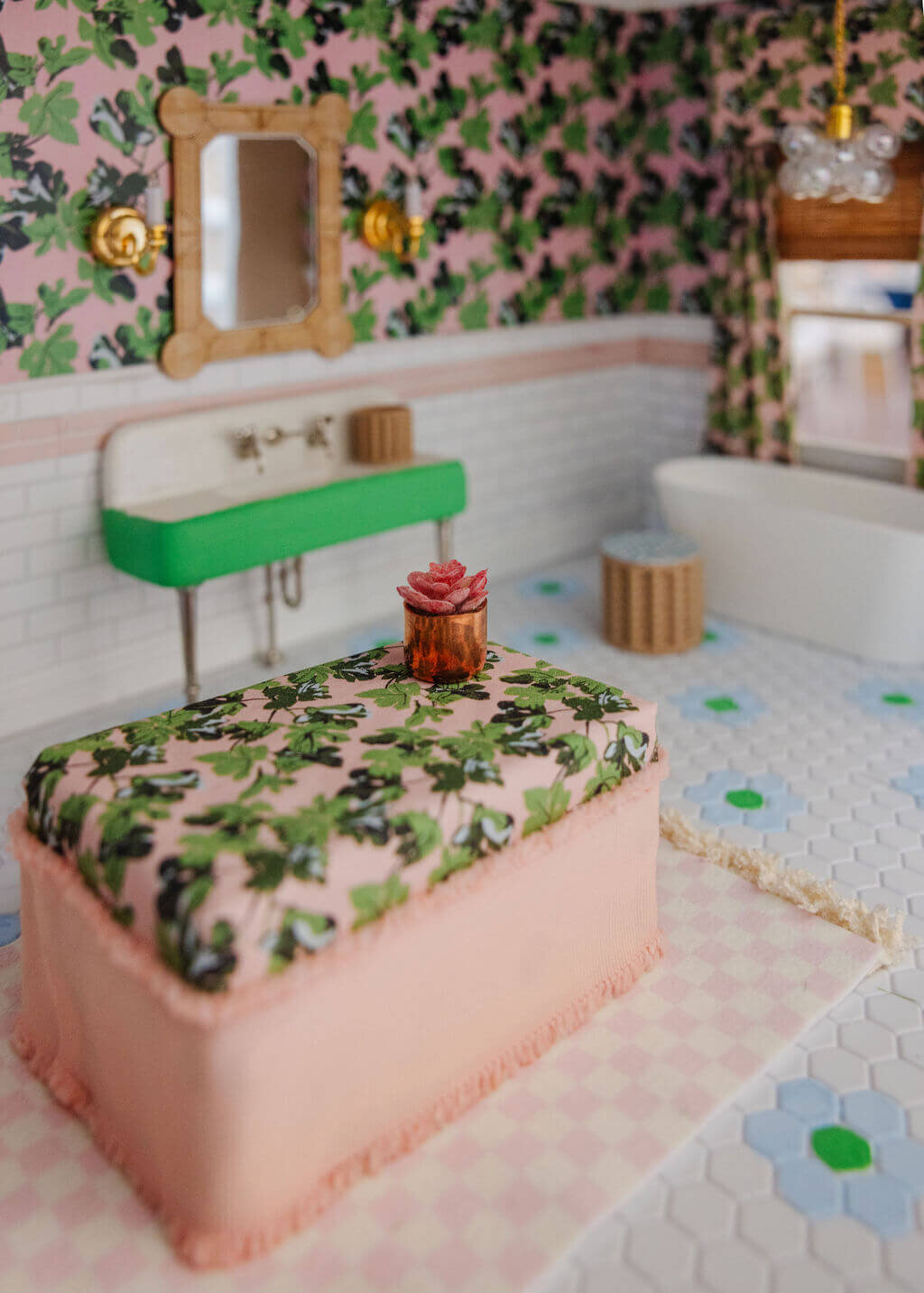 oyster creek studios petite palm beach dollhouse bathroom with green sink and wallpaper