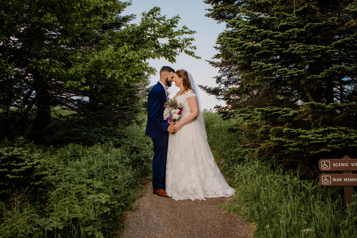 Wedding couple embracing atop Mount Greylock massachussetts