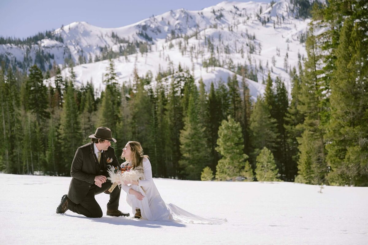 Bride and groom winter elopement portrait in Tahoe