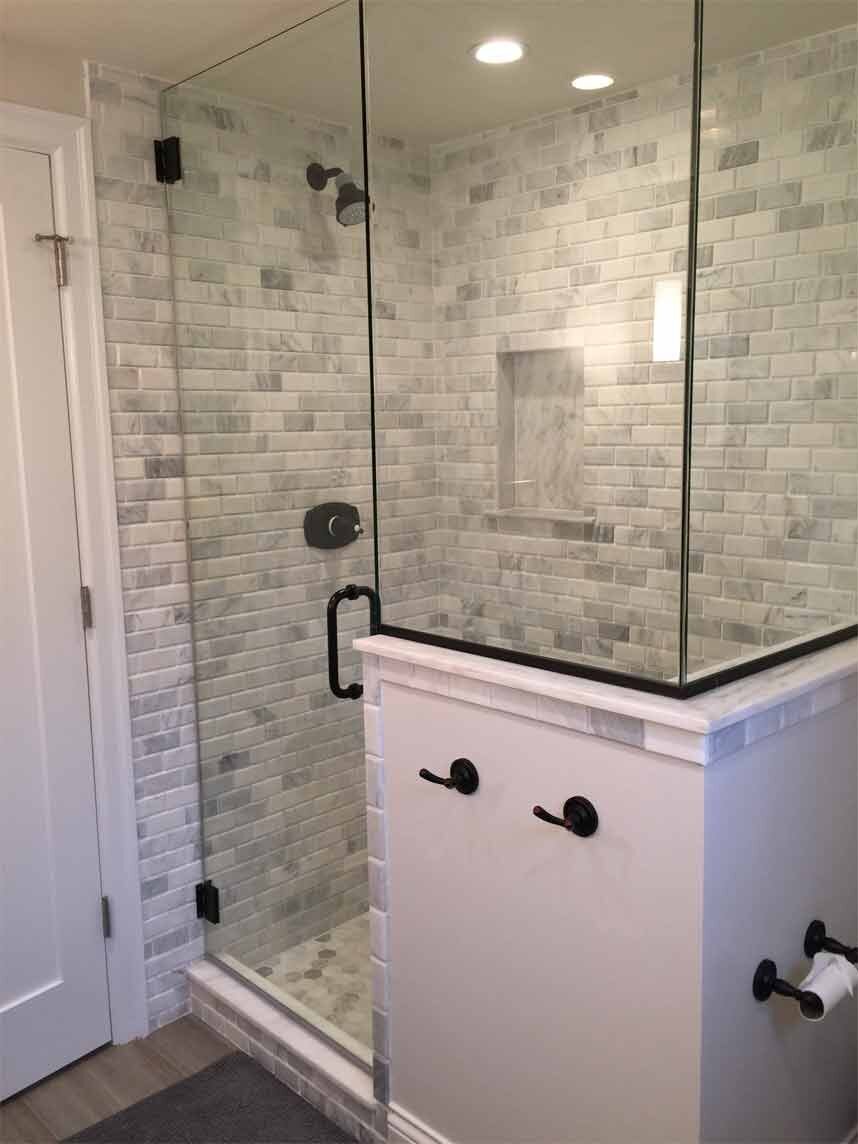 Shower with grey tiles