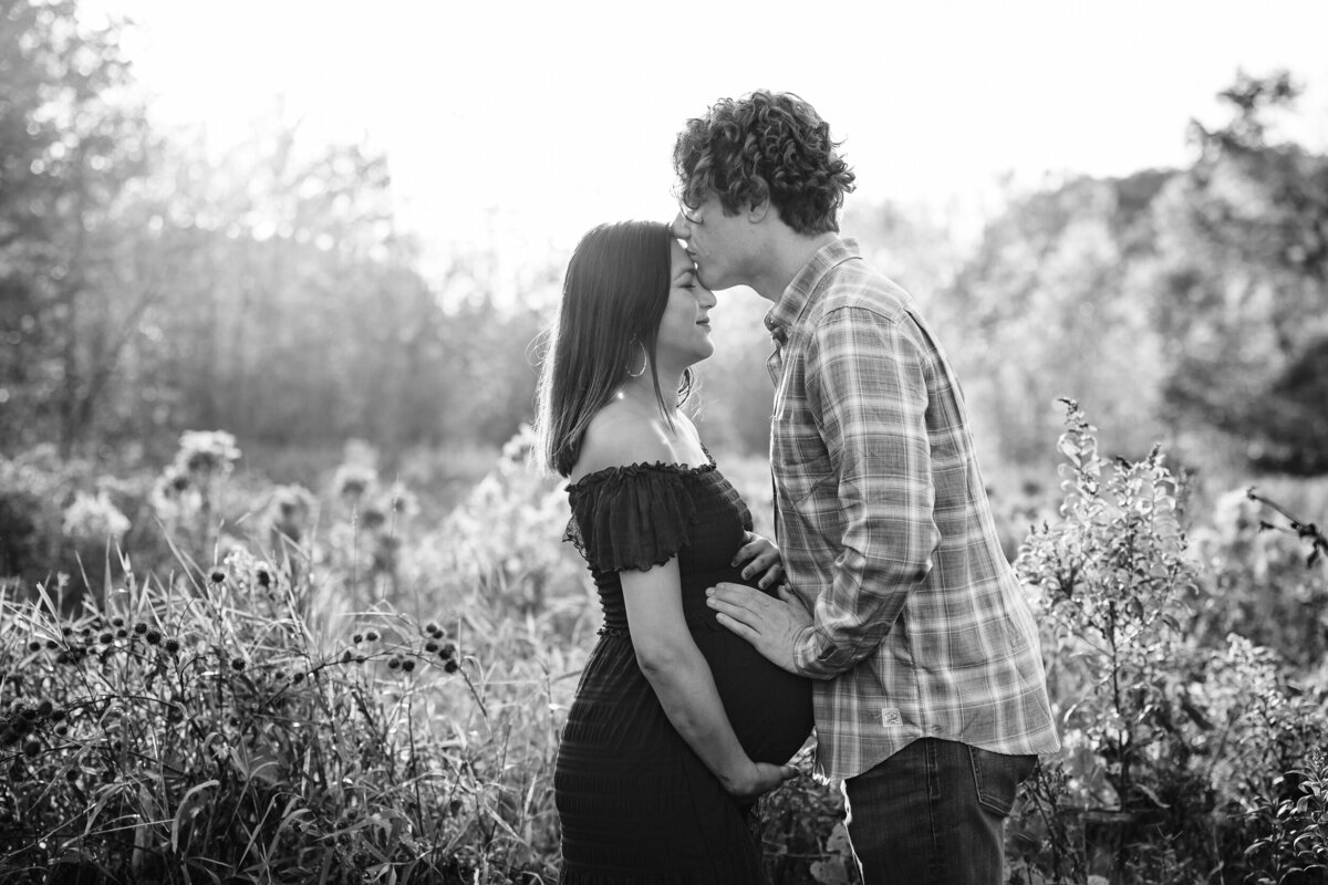A couple standing in a field, the man gently kissing the woman's forehead as she cradles her pregnant belly.
