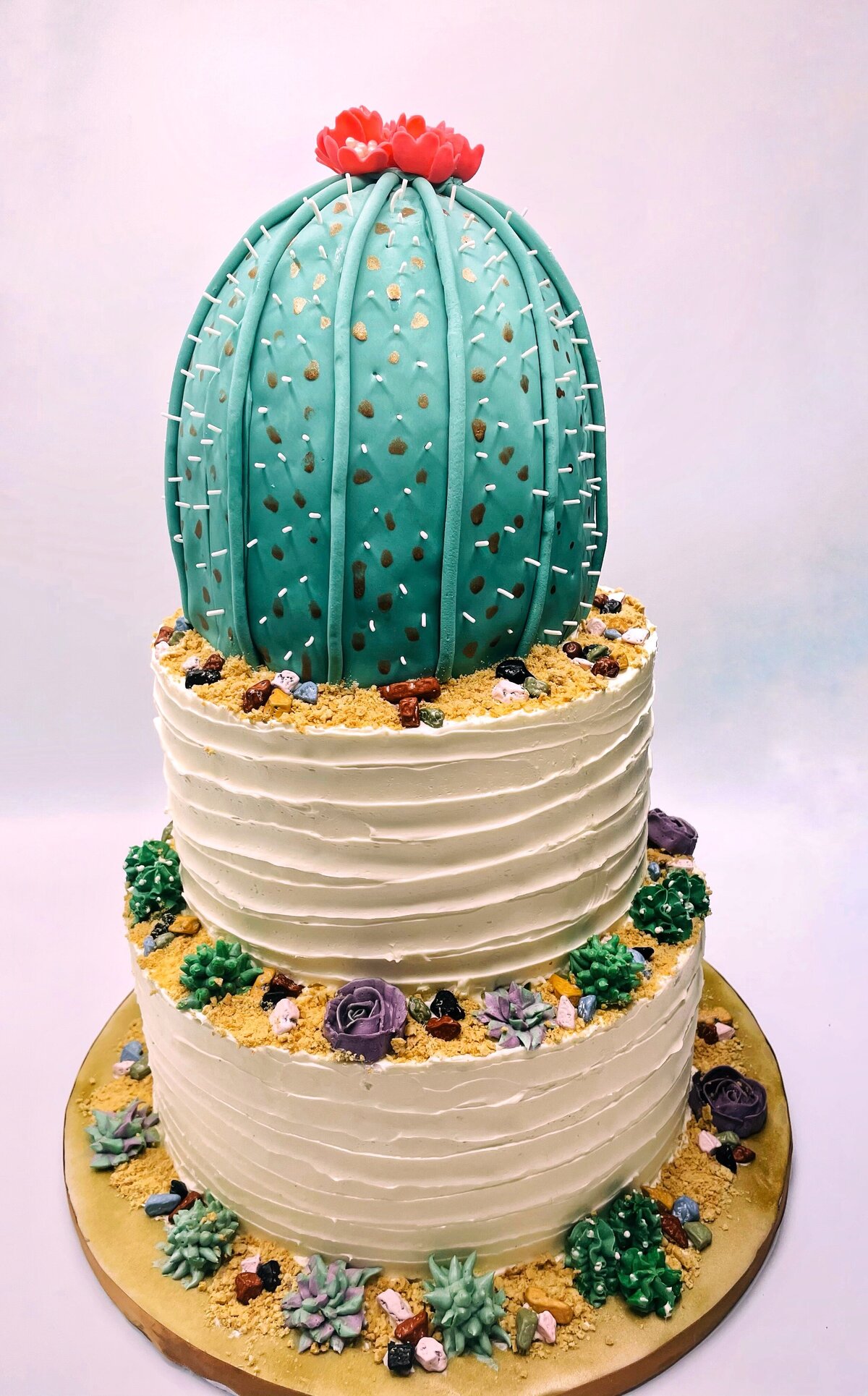 Desert theme 3 tier wedding cake. Middle and bottom tiers are wavy buttercream design surrounded by handcrafted succulents. Top tier is carved barrel cactus covered in hand-painted fondant with red cactus flower