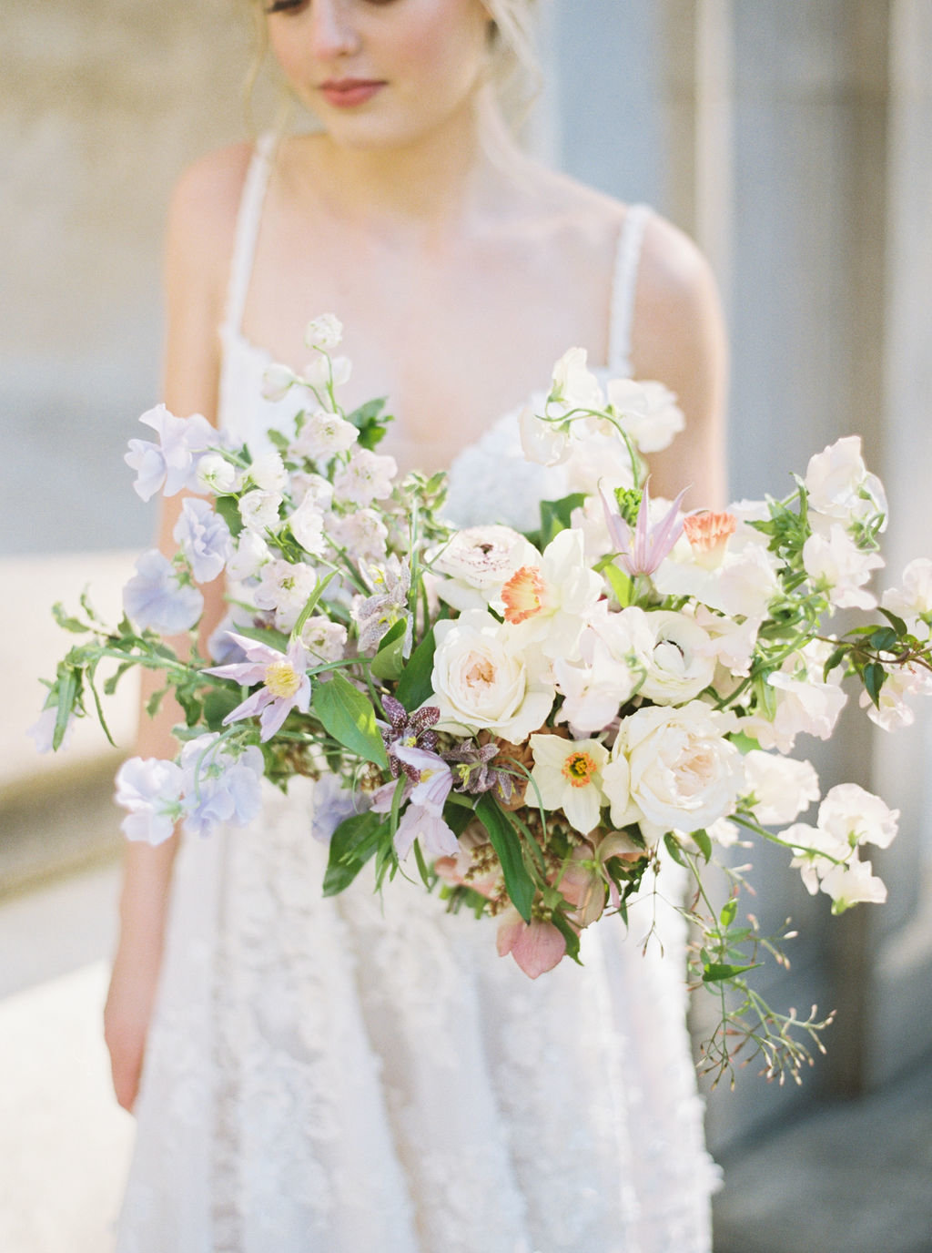 Swan House wedding bouquet of pastel spring flowers designed by Gradient and Hue