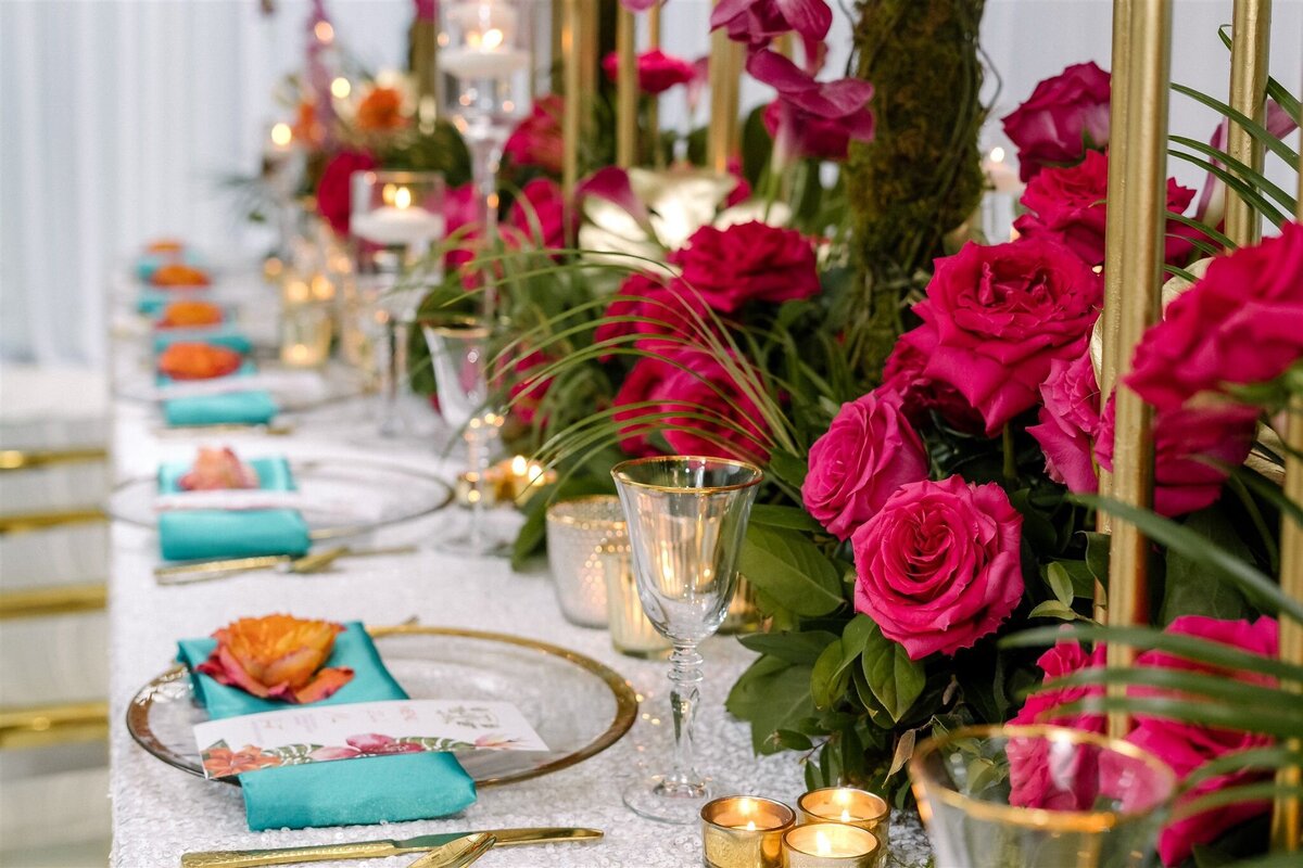 Clean, traditional, white wedding table setting