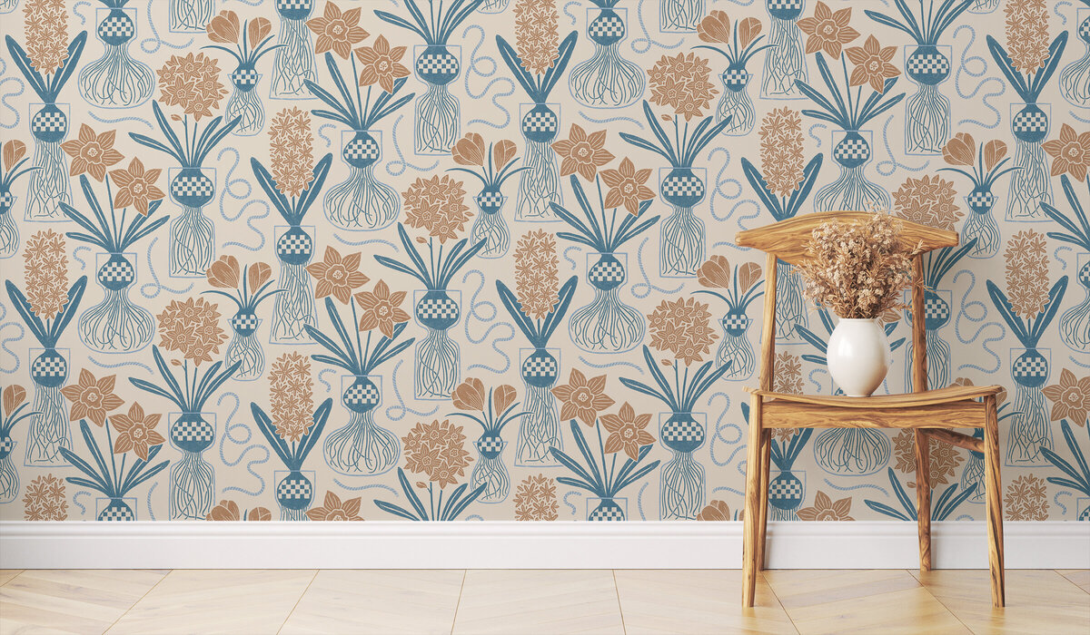 Kitschy Bulbs Blue Gold Boho Wallpaper Mockup