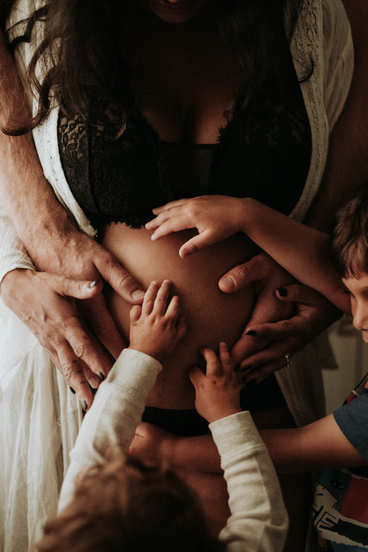 Family Kids Hands on the Belly Indoor Maternity Photography