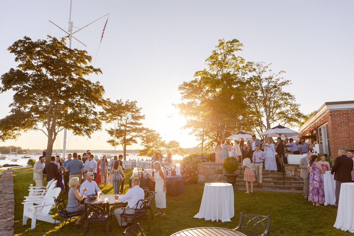 welcome drinks at sunset on the lawn of American Yacht Club in Rye, NY 