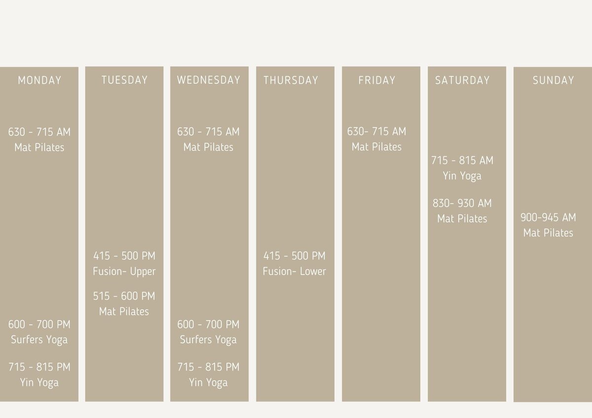 Yoga and mat pilates class time table