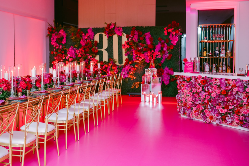 pink-birthday-party-thirty-floral-bar-gold-candles-table-setting-flower-wall-vinyl-floor-wrap