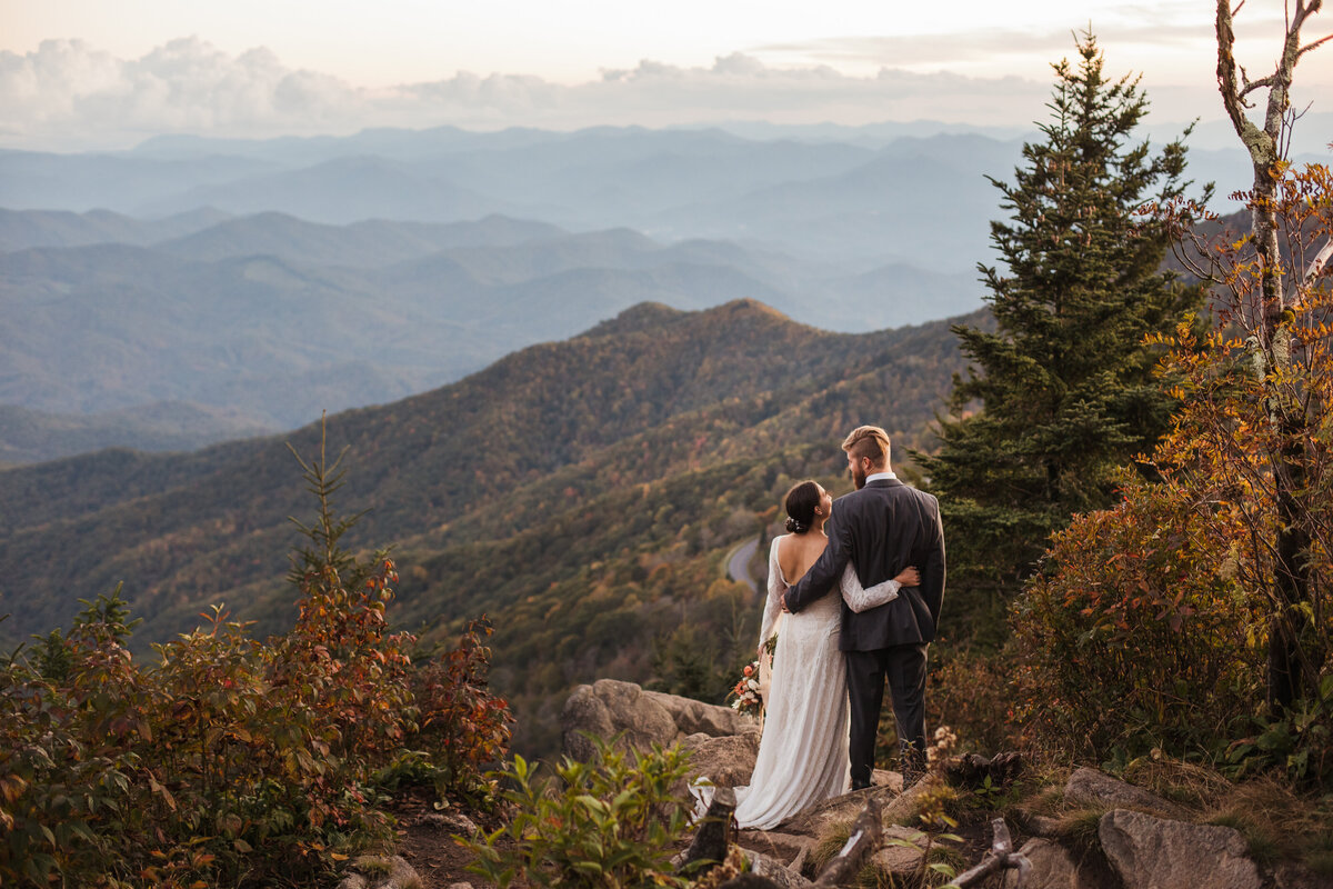 couple overlooking the Smokys on wedding day in Tennessee