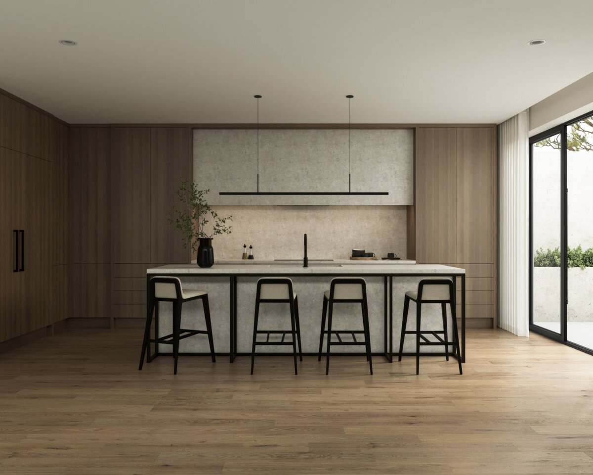 warm wood kitchen  with stone countertops