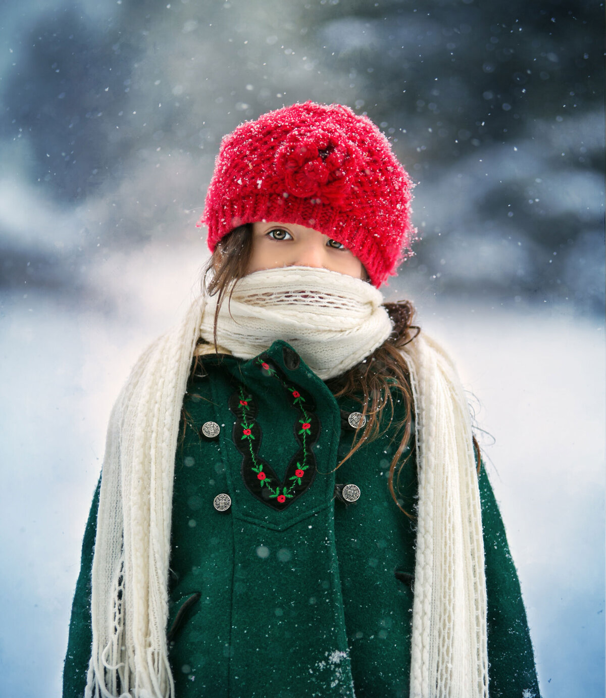 winter-girl-red-scarf-green-vintage-coat-snow-snowy-snowflake-blue-funny-vintage