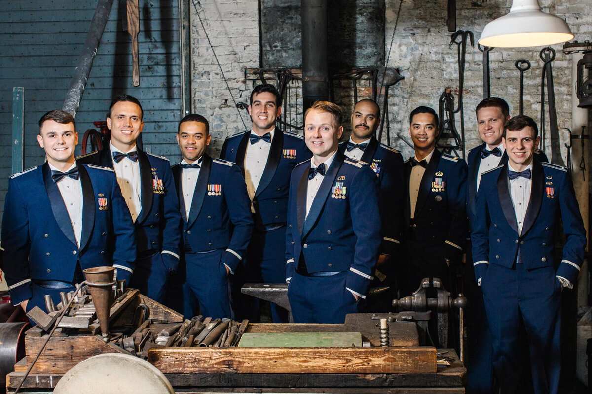 Groomsmen in Space Force Uniforms at a Baltimore Museum of Industry wedding