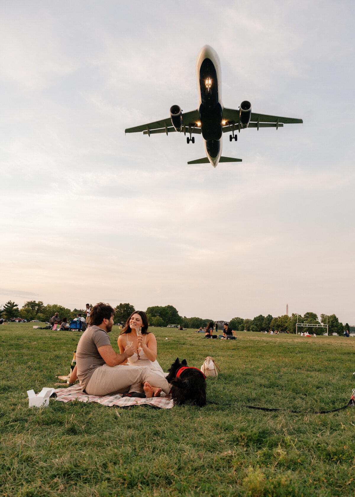 A couple sitting on a picnic blanket with a plane overhead
