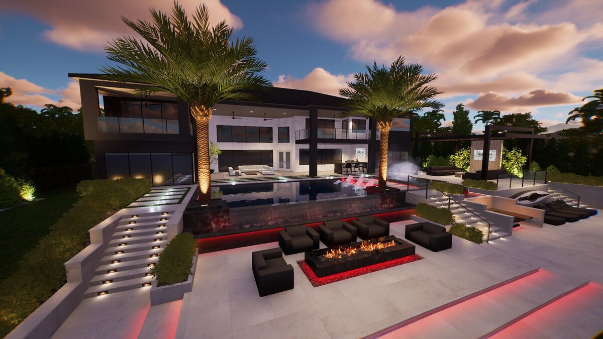 Contemporary backyard design with luxury entertainment areas and a firepit lounge area focal point.