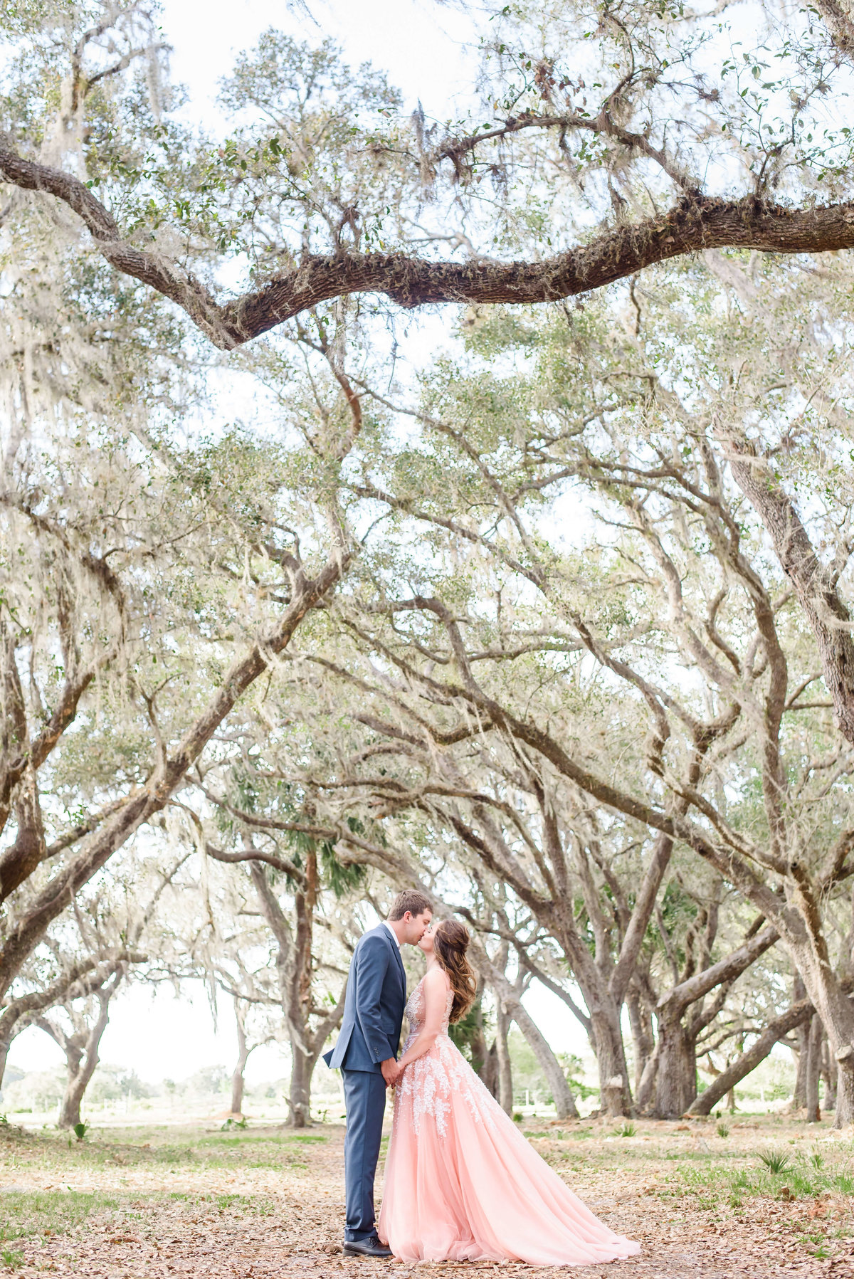 Elaborate engagement session on a private ranch covered with old oak trees and spanish moss
