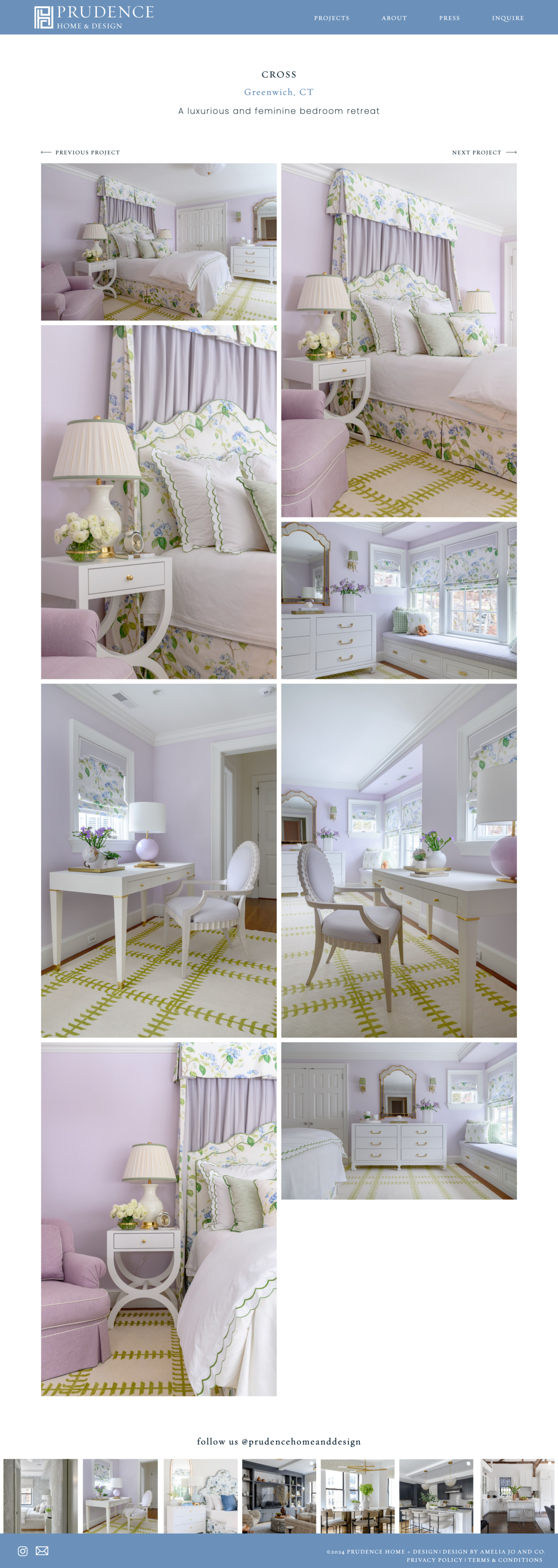 Homepage design of Prudence Home & Design project page featuring a feminine bedroom interior