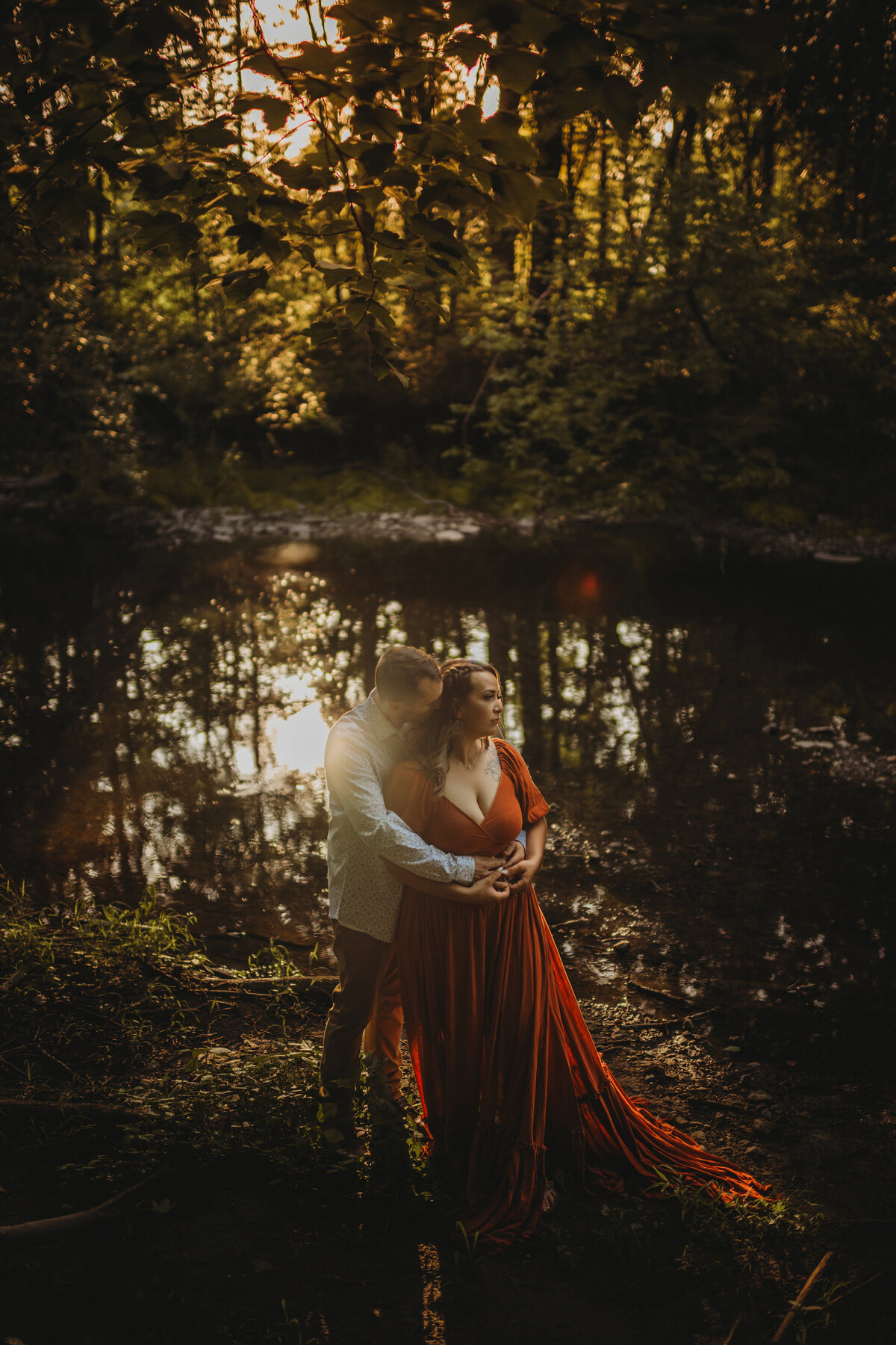 red dress engagement photo