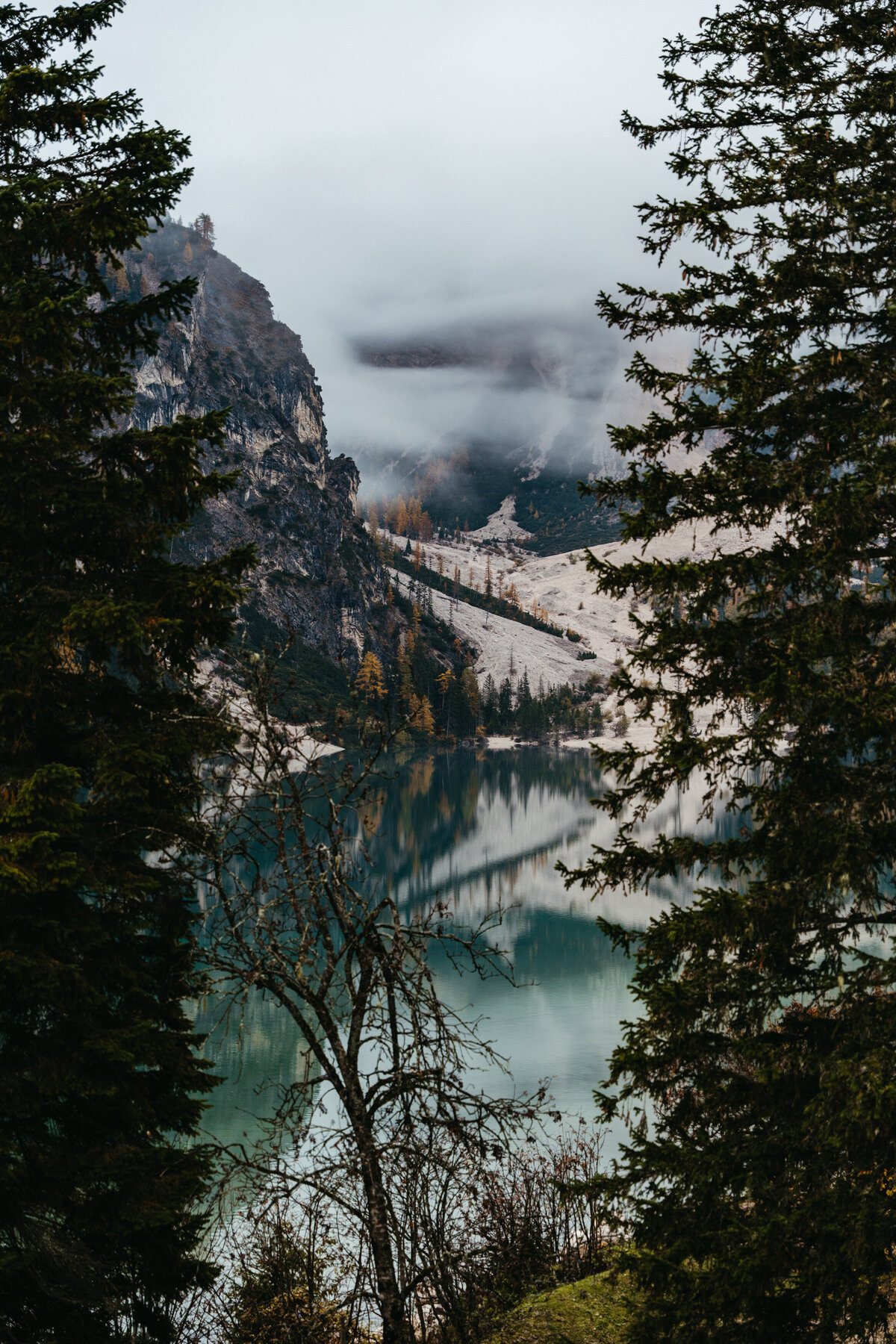 Foggy mountain view above Lago di Braies