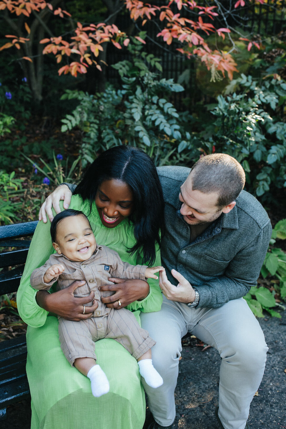 central park family session in conservatory garden with neon green dress