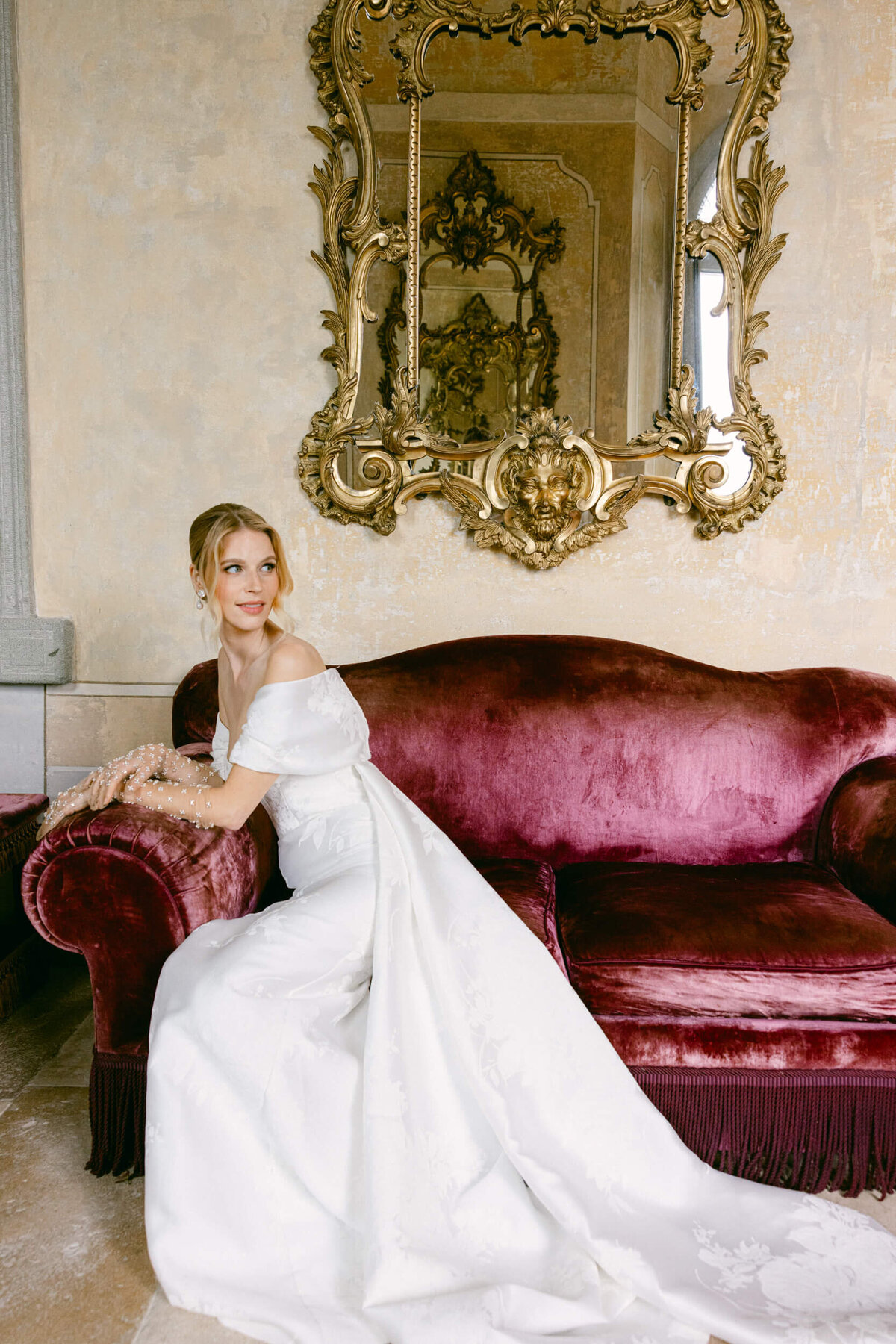 A wedding photo of a bride in her white wedding dress at Villa Balbiano on Lake Como in Italy