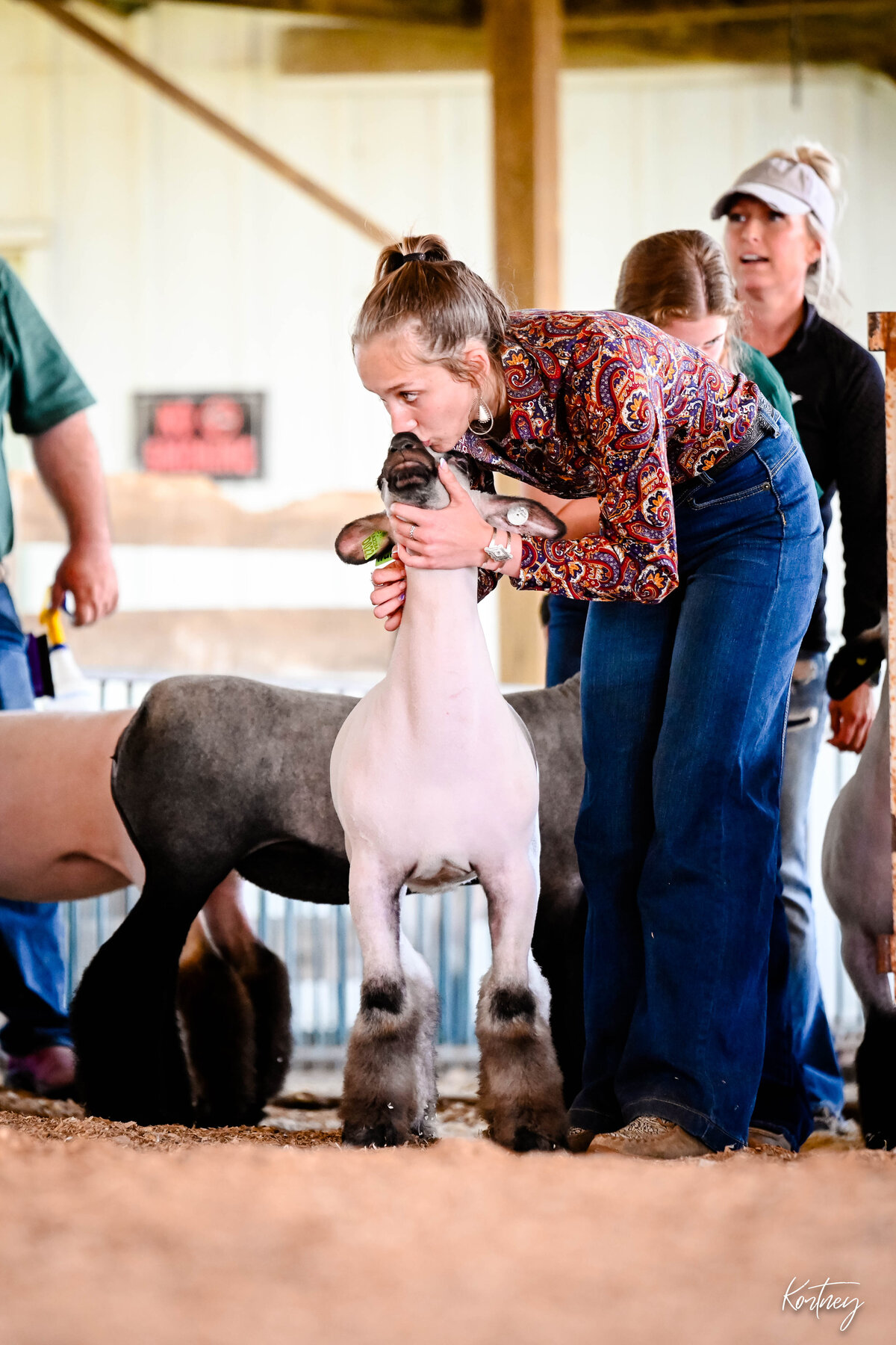 girl bent over kissing lamb on the side of its face