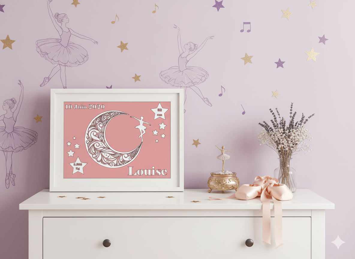Cadre de naissance rose décoré d’une lune illustrée et d’une silhouette de ballerine, entouré d’étoiles, posé sur une commode blanche dans une chambre d’enfant aux tons pastel. Le cadre affiche un prénom et des informations de naissance