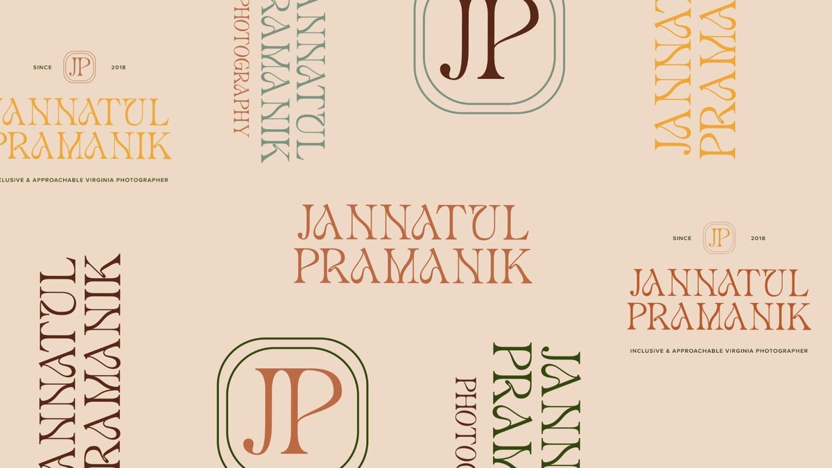 Multiple of Jannatul's logos on a tan background.
