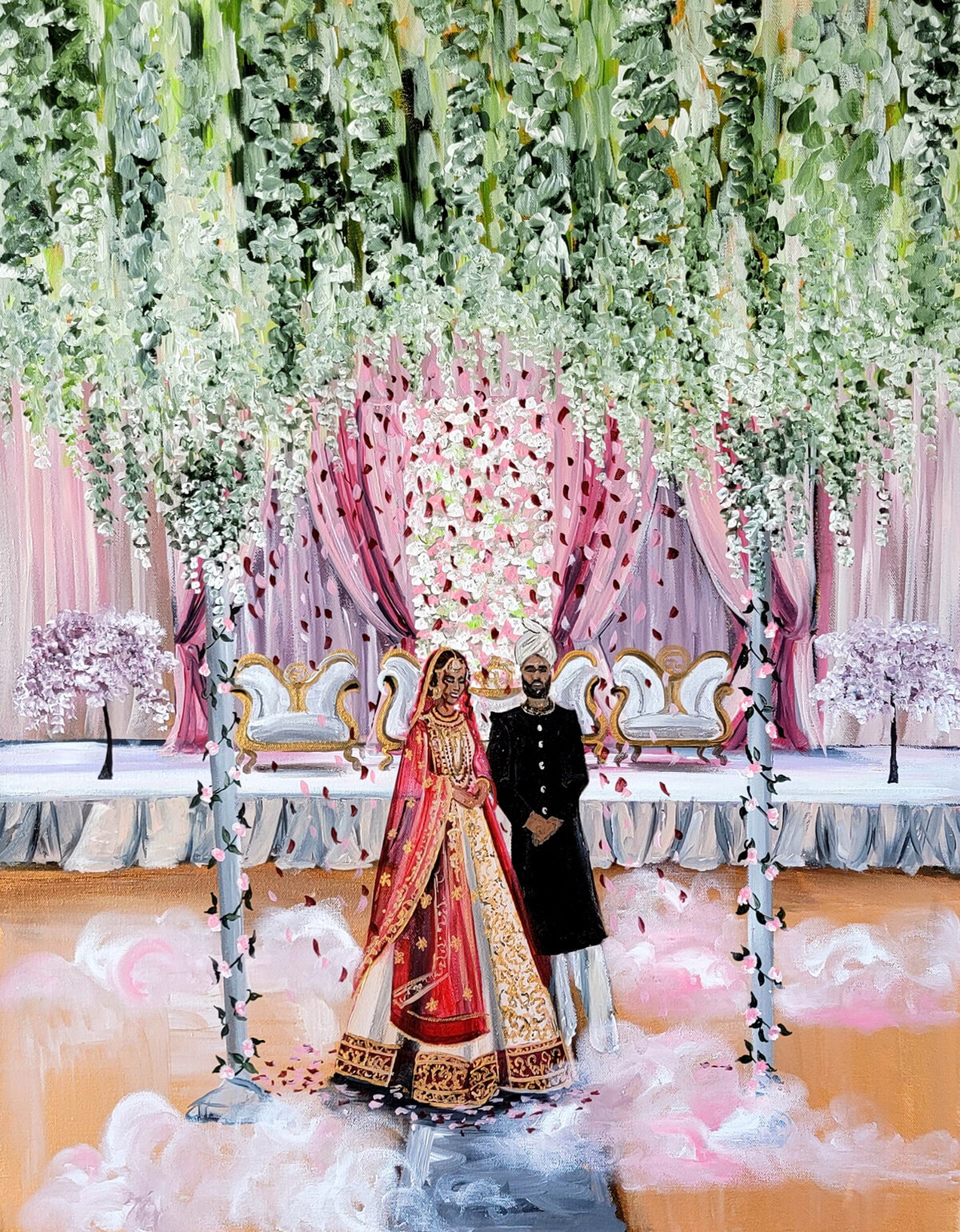 Muslim live wedding painting in Leesburg, Virginia. Couple in traditional South Asian wedding attire pose under their floral mandap.