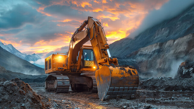 Excavator digging at sunset.