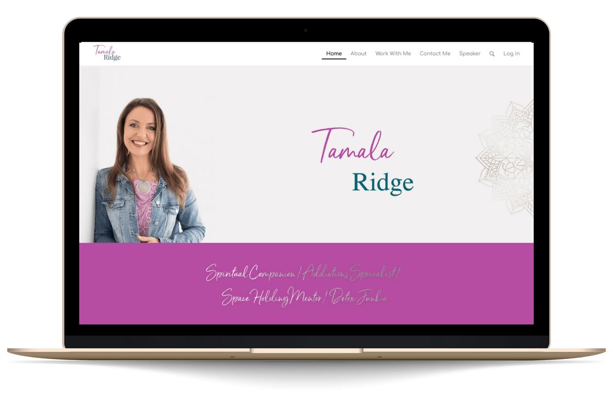 Device mockup showing Tamala Ridge’s website on apple macbook, custom website design by Rachelle Deem for spiritual business coach