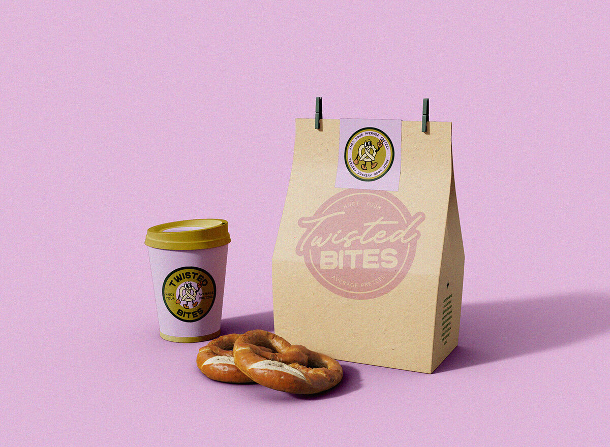 Creative packaging design for a gourmet pretzel bakery – The packaging design for Twisted Bites is bold, colorful, and designed to stand out on the shelf. With playful illustrations, engaging typography, and a cohesive color palette, the packaging reflects the brand’s fun and high-quality approach to snacking.