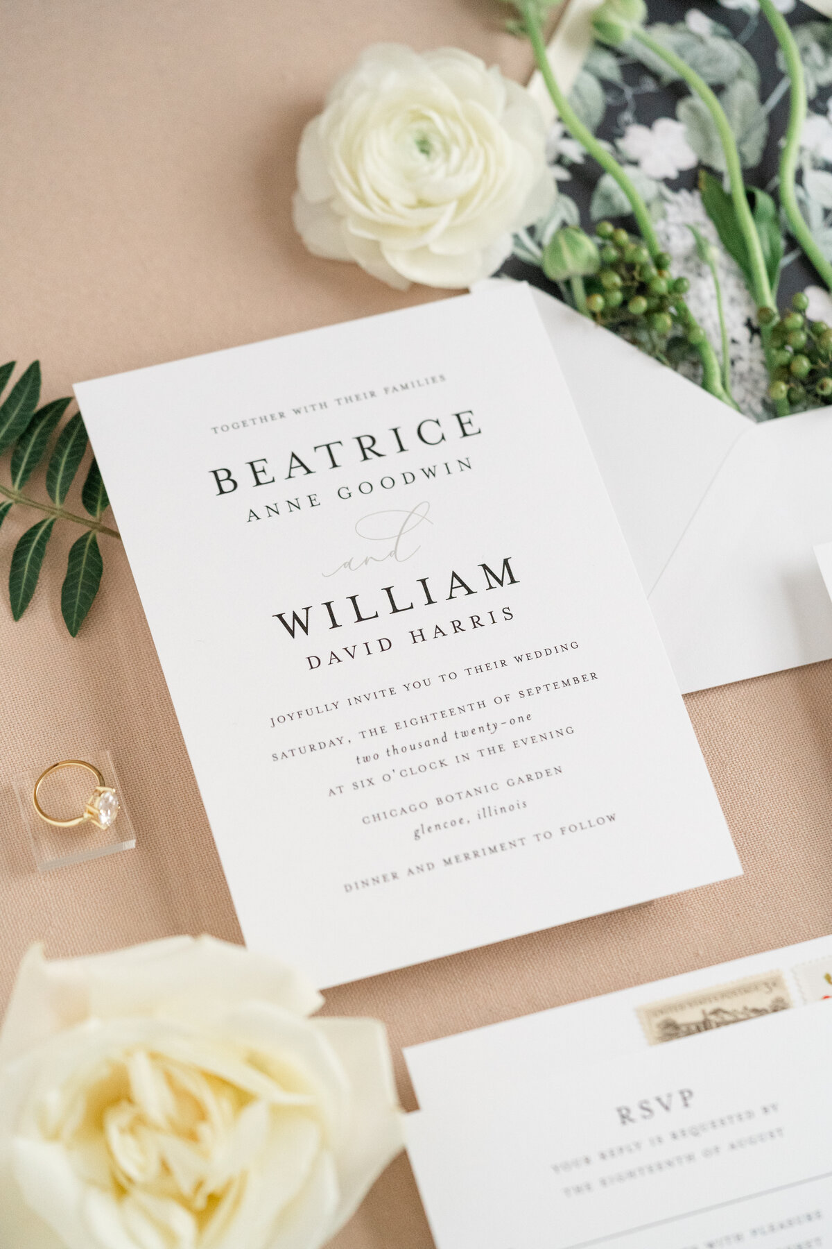Simple and Timeless Semi-Custom Wedding Invitation with Botanical Envelope Liner