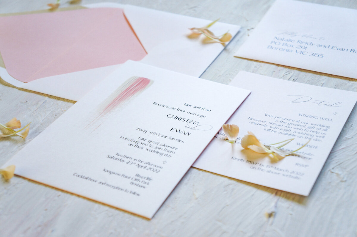 Delicate feminine pink and white painted wedding invitation with white and pink RSVP card and envelope