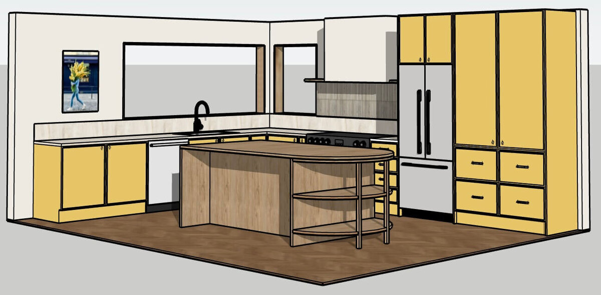 A mustard yellow kitchen with a curved wooden island bench
