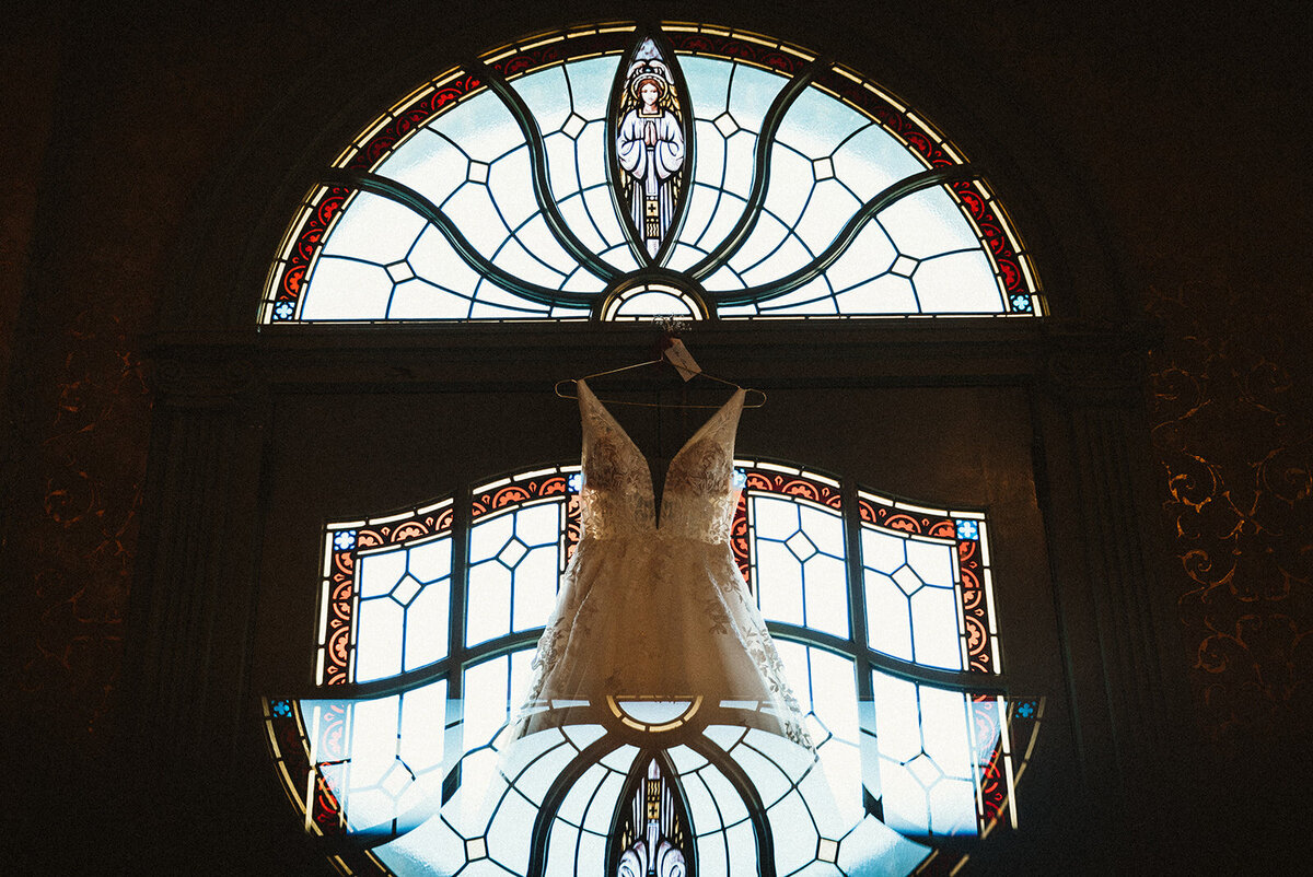 art deco wedding dress with stained glass window 