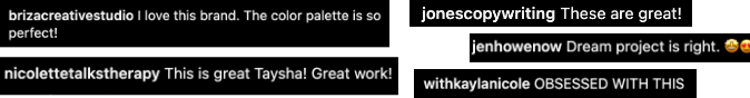 A screen shot of 5 different comments from social media giving feedback on the brand project for Manu Paradiso. Saying things like 'talk about dream project,' 'great work', 'obsessed'.