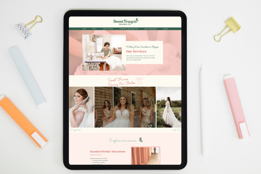 custom Showit website design for Sweet Francis Sewing Co, a bridal alteration in Olympia and Tumwater
