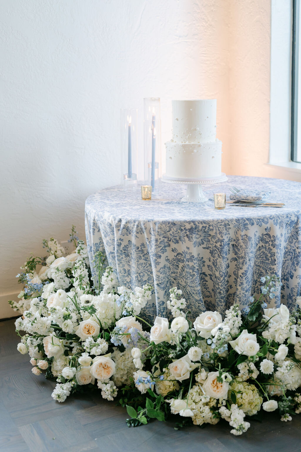 pearls, cake table, cake flowers, garden wedding, taper candles, patterned linen 