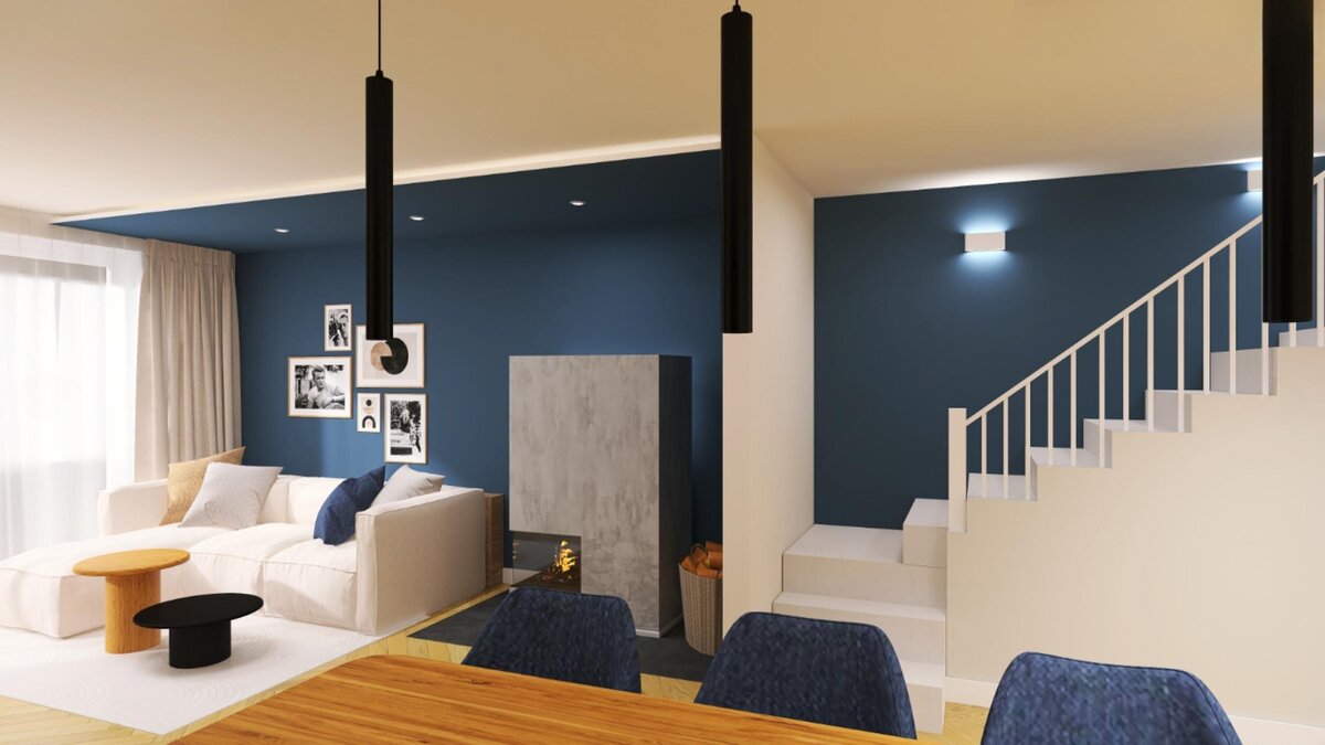 Helles Schlafzimmer mit Kamin, Pflanzen und stilvoller Dekoration