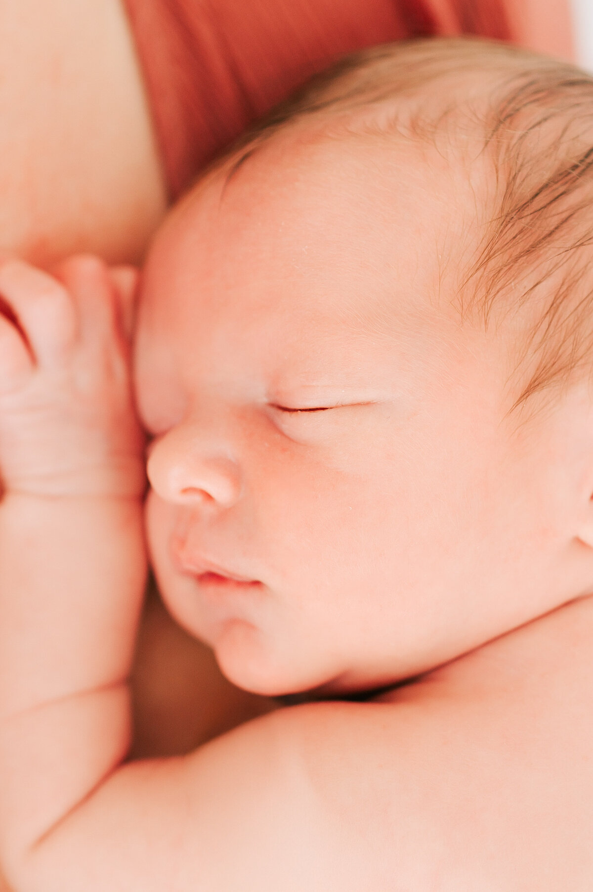 studio newborn photography in Springfield MO of newborn baby sleeping on parents chest