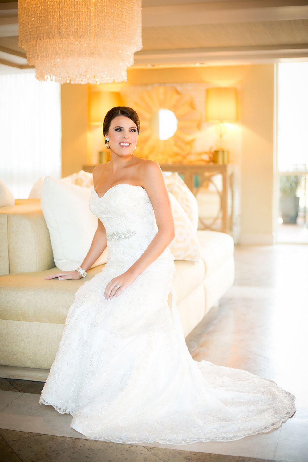 L'Auberge Del Mar bride smiling  beautiful dress