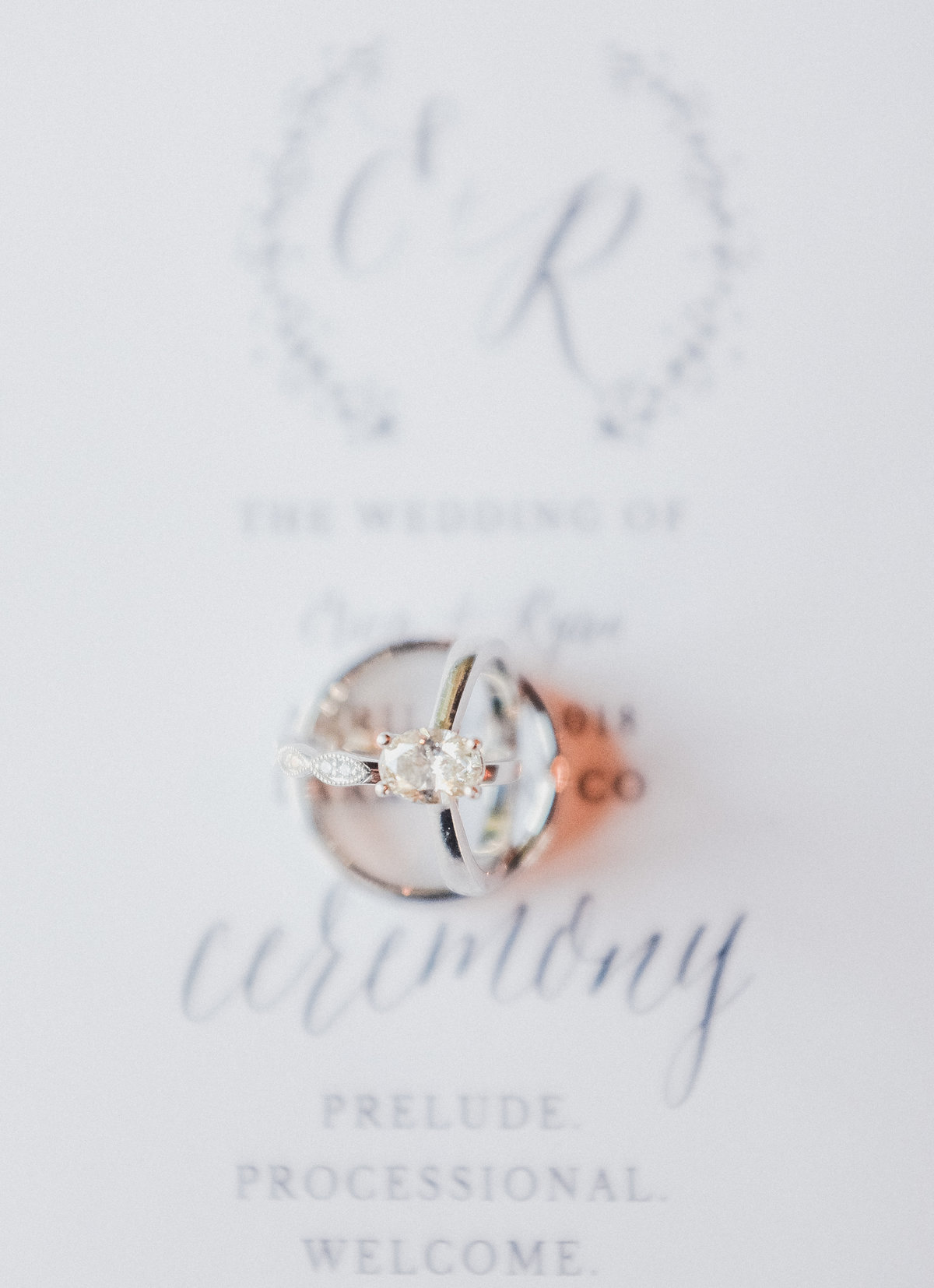 wedding bands on top of stationery
