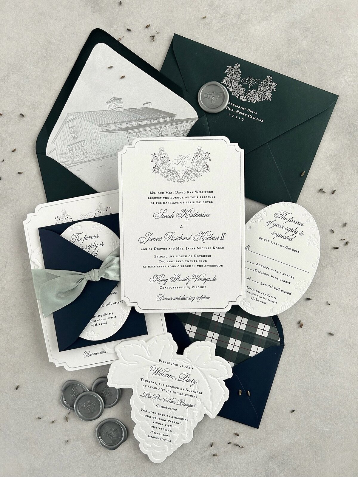 Foil and letterpress invitation suite with a custom venue illustration, velvet paper, wax seals, and ribbon by Lindsey Ellen Paper Co. for  a wedding at King Family Vineyards
